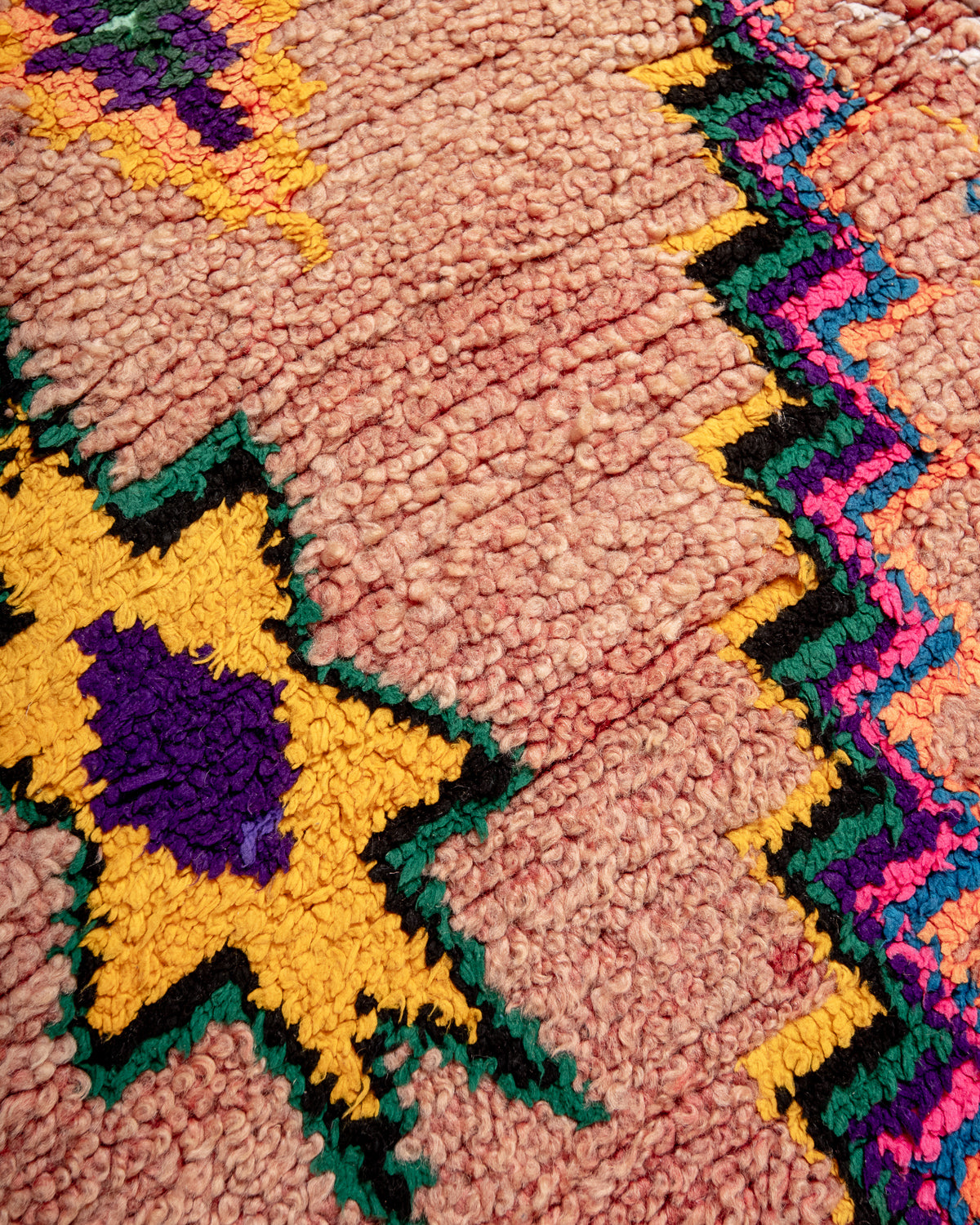 Modern, designer, handcrafted Berber rug from Morocco. Vintage carpet with beautiful colours and patterns and fluffy texture.